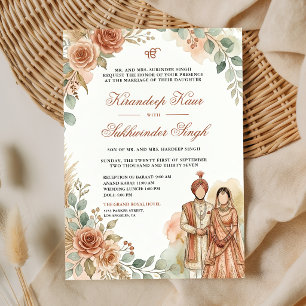 Pfirsich-Orangen-Aquarell-Rosen-Floral-Sikh-Hochze Einladung