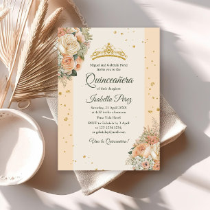 Pfirsich-Päonien und glänzernde Tiara Quinceanera- Einladung