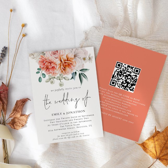 Pfirsich-Pfingstrosen-Blumen QR-Code-Hochzeit Einladung (Front and back view)