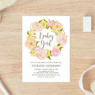 Pfirsich-Pfingstrosen-Kranz-Mädchen-Baby-Party Einladung