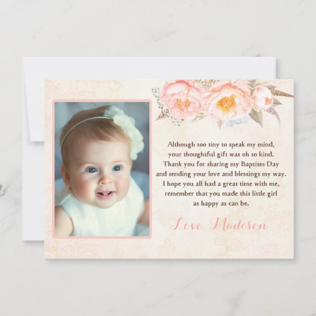 Pfirsich-Pfingstrosen-Taufe danken Ihnen zu Dankeskarte (Vorderseite)
