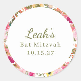 Pfirsich Pink Yellow Floral Bat Mitzvah Individuel Runder Aufkleber
