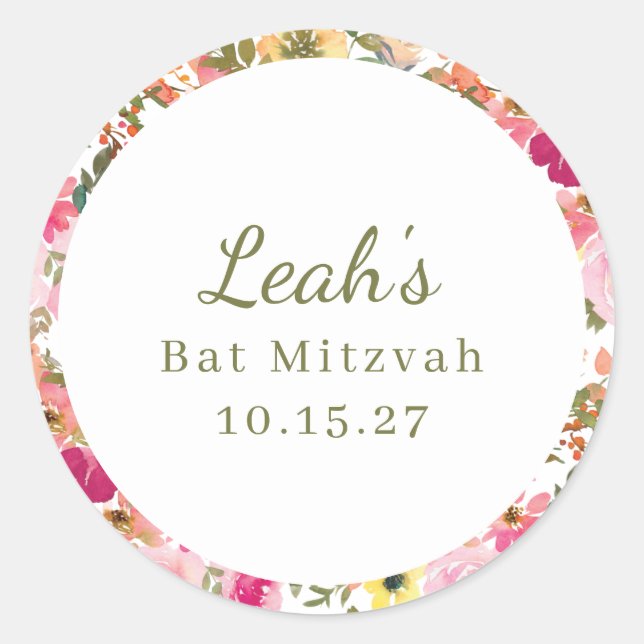 Pfirsich Pink Yellow Floral Bat Mitzvah Individuel Runder Aufkleber (Vorderseite)