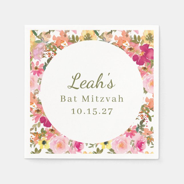 Pfirsich Pink Yellow Floral Bat Mitzvah Individuel Serviette (Vorderseite)