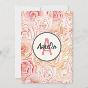 Pfirsich & Rosa Aquarell-Personalisiertes Monogram Dankeskarte