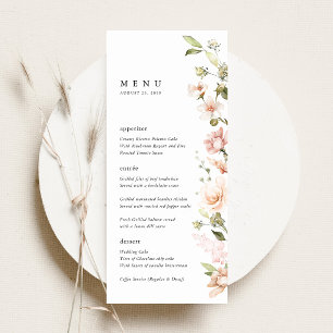 Pfirsich-Rosa-Blumen-Hochzeitsempfang-Abendessen Menükarte