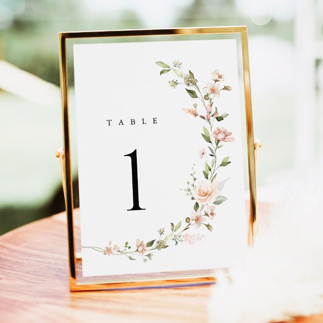 Pfirsich-Rosa-Blumen-Hochzeitstisch-Nummern (Peach Blush Floral Wedding Table Number, watercolor wildflower table sign in gold reception decor)