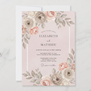 Pfirsich-Rosa Blumenromanze-Hochzeit Einladung