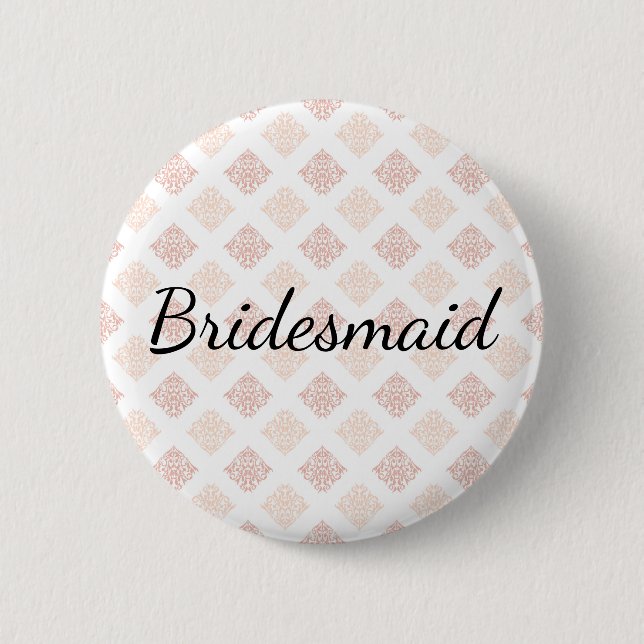 Pfirsich-Rosa-Damask-Brautjungfer Button (Vorderseite)