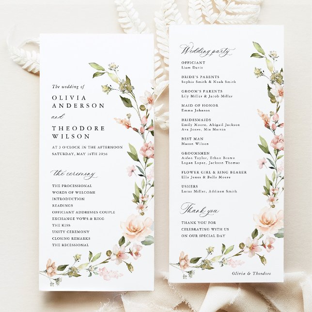 Pfirsich-Rosa Florale Hochzeitszeremonie Programm (Peach Blush Floral Wedding Program, Wildflower Ceremony Program, Wedding Party Program Stationery)