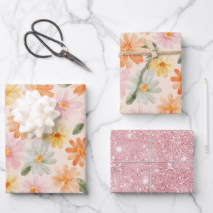 Pfirsich Rosa Gelb Blau Blumen Glitter Geburtstag Geschenkpapier Set