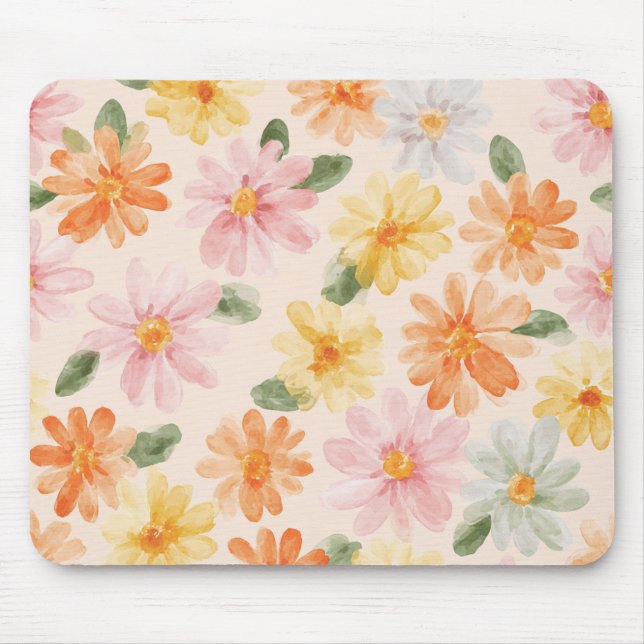 Pfirsich Rosa Gelb Blau Blumen Mousepad (Vorne)