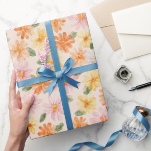 Pfirsich Rosa Gelb Blaue Blumen Geburtstag Geschenkpapier