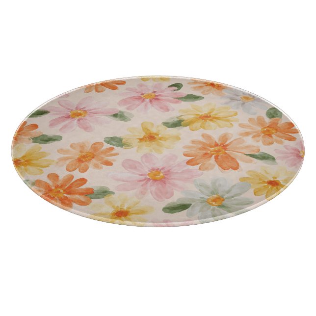 Pfirsich Rosa Gelb Blaue Blumen  Schneidebrett (Ecke)
