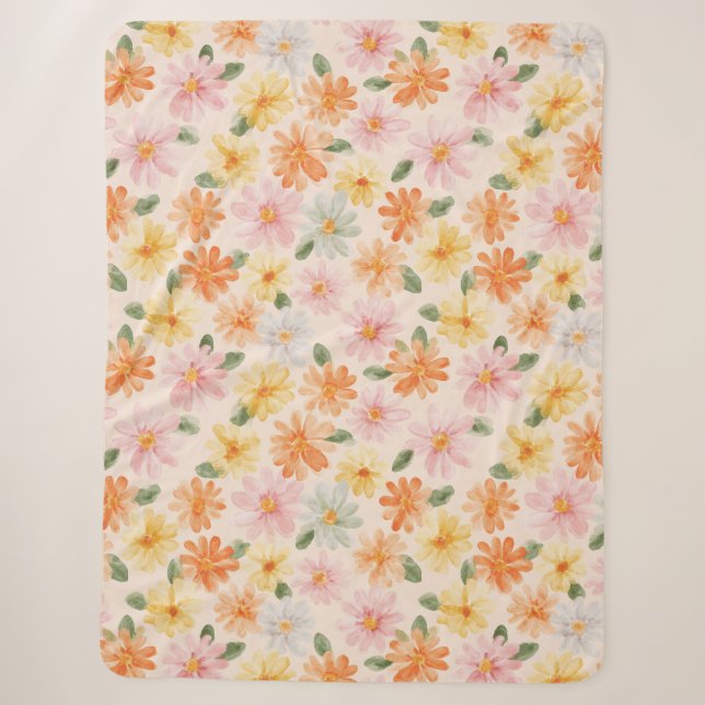 Pfirsich Rosa Gelb Blaue Blumen  Sherpadecke (Vorderseite)