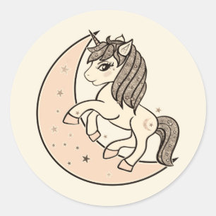 Pfirsich-Rosa-Himmelmond- und Sternen-Einhorn Runder Aufkleber