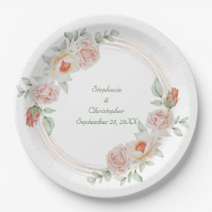 Pfirsich-Rosa-Pink-Grüne Blumengoldrahmen-Hochzeit Pappteller