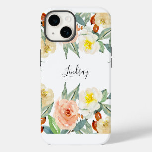 Pfirsich-Rosa-Wasserfarben-Blumen mit Namen iPhone 14 Hülle