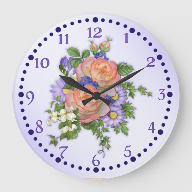 Pfirsich-Rosen-Blumenstrauß Große Wanduhr (Vorderseite)