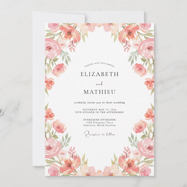 Pfirsich-Rosen-Botanik-Aquarell-Hochzeit Einladung (Vorderseite)