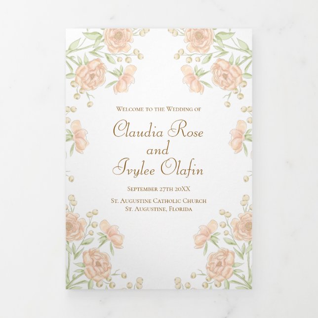 Pfirsich-Rosen-Hochzeitsprogramme Dreifach-gefaltete Programmkarte (Cover)