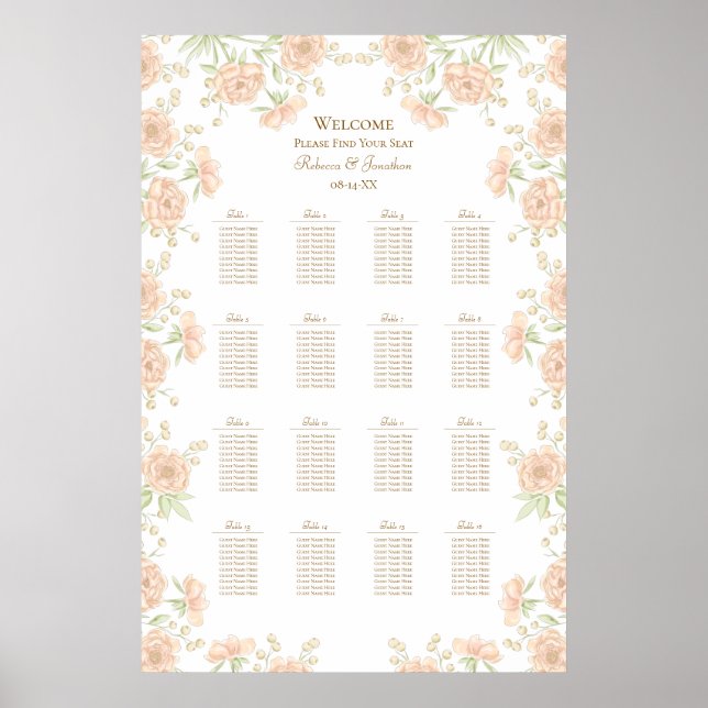 Pfirsich-Rosen-Hochzeitssitzplan Poster (Vorne)