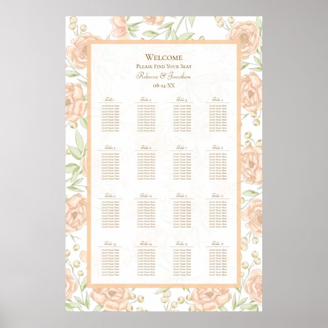 Pfirsich-Rosen-Hochzeitssitzplan Poster (Vorne)