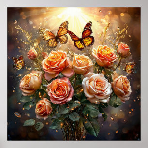 🌹 Pfirsich-Rosen-Schmetterling-Wandkunst Frühling Poster