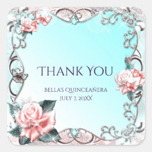 Pfirsich-Rosen & Schmetterlinge Geburtstagsfeier G Quadratischer Aufkleber