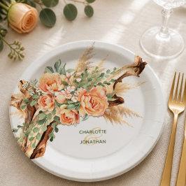 Pfirsich-Rosen- und Treibholz-Hochzeitspapiertelle Pappteller