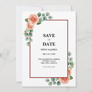 Pfirsich-Rosen-Wasserfarbe-Eukalyptus-Rand Save th The Date