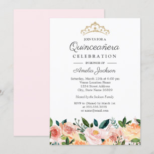 Pfirsich-Röte-Wasserfarbe Florale Quinceanera Einladung