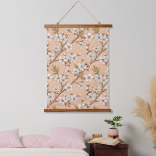 Pfirsich-Sakura-Zweige Weiße Botanische Blumen Wandteppich Mit Holzrahmen