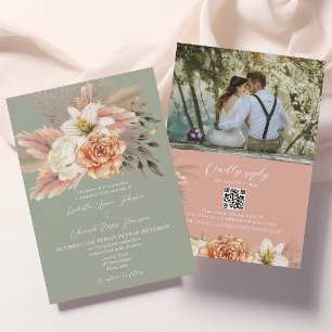 Pfirsich-Salbei-Blumenhochzeits-Einladung mit QR-C Einladung