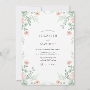 Pfirsich-Salbei-Luftige Blumige Hochzeit Einladung