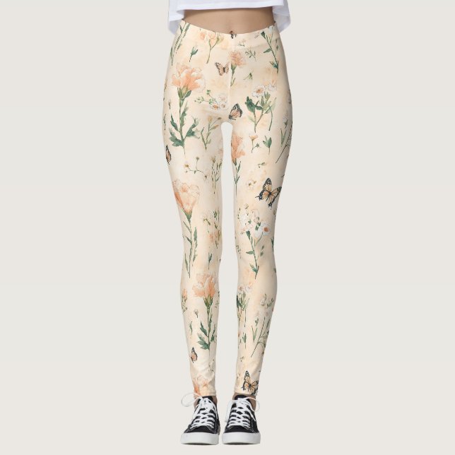 Pfirsich Schmetterlinge Floral Leggings (Vorderseite)
