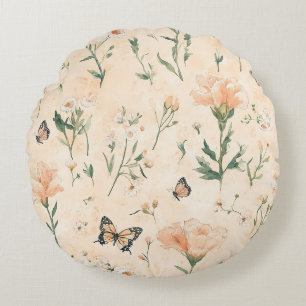 Pfirsich Schmetterlinge Floral Rundes Kissen