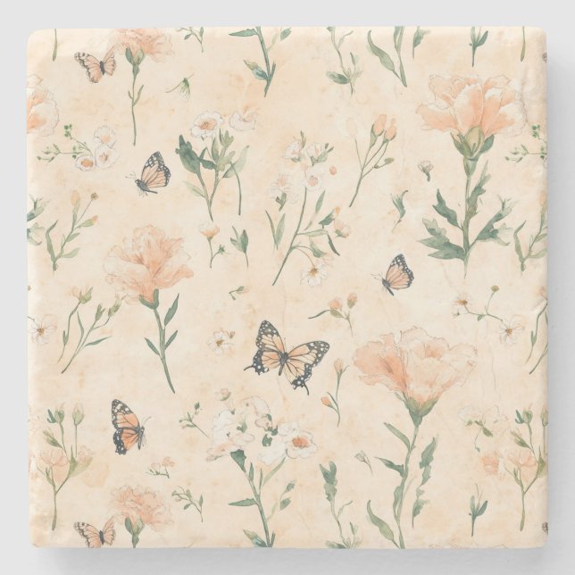 Pfirsich Schmetterlinge Floral Steinuntersetzer (Vorderseite)