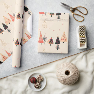 Pfirsich, Schwarze Punktebäume mit Schneeflocken Geschenkpapier