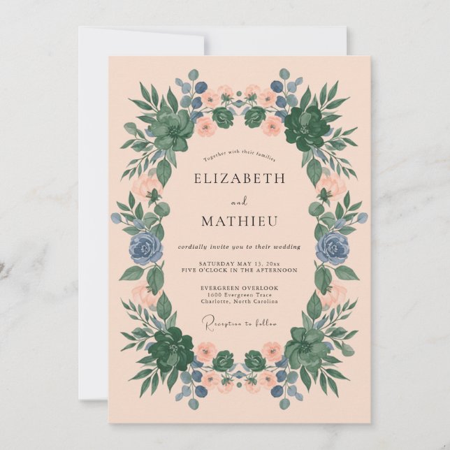 Pfirsich Serene Botanische Hochzeit Einladung (Vorderseite)