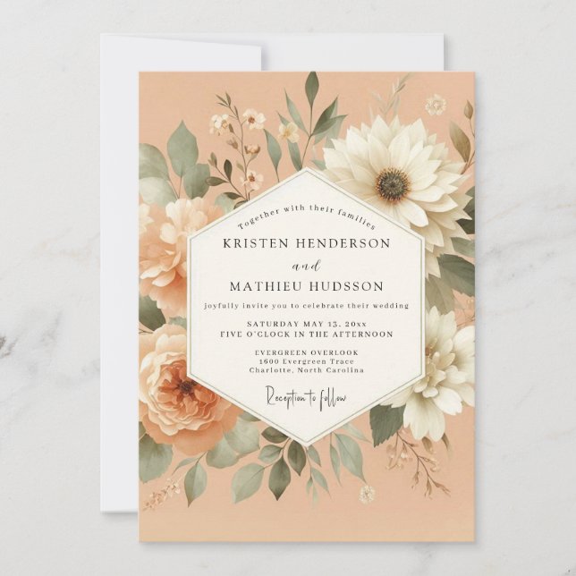 Pfirsich Serene Flora Hochzeit Einladung (Vorderseite)