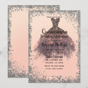 Pfirsich & Silber Glitter Party Kleid Quinceañera  Einladung