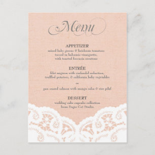 Pfirsich-Spitzen-Doily-Hochzeitsmenü Postkarte