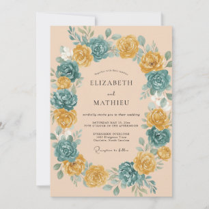 Pfirsich-Teal-Rosen-Kranz-Hochzeit Einladung