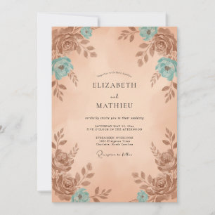 Pfirsich-Türkis-Malerische Vintage-Hochzeit Einladung