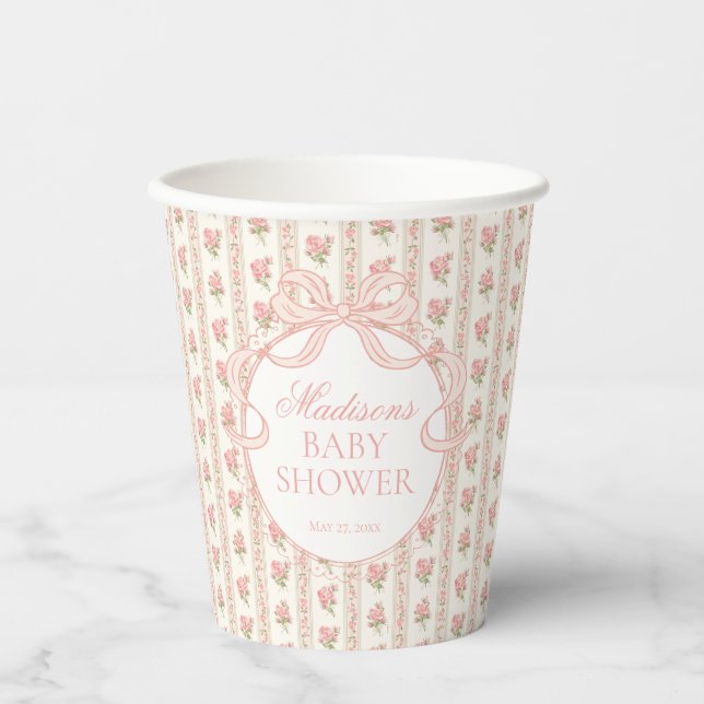 Pfirsich und Beige Fancy Floral Babyshower Pappbecher (Vorderseite)