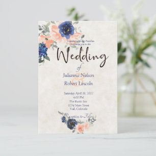 Pfirsich- und blaue Aquarell-Blumen-Hochzeitseinla Einladung