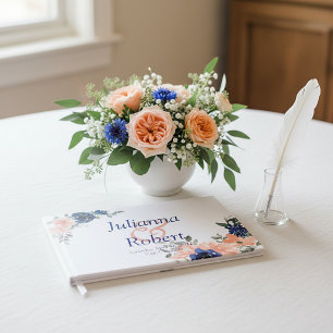 Pfirsich- und blaue Aquarell-Blumen-Hochzeitsgast Gästebuch