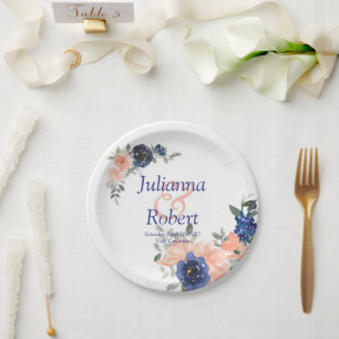 Pfirsich- und blaue Aquarell-Blumen-Hochzeitspapie Pappteller