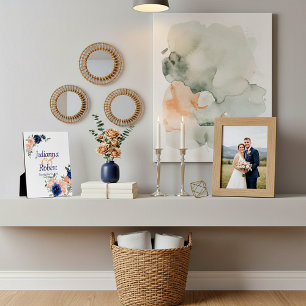 Pfirsich- und blaue Wasserfarben-Blumen-Hochzeitst Fotoplatte